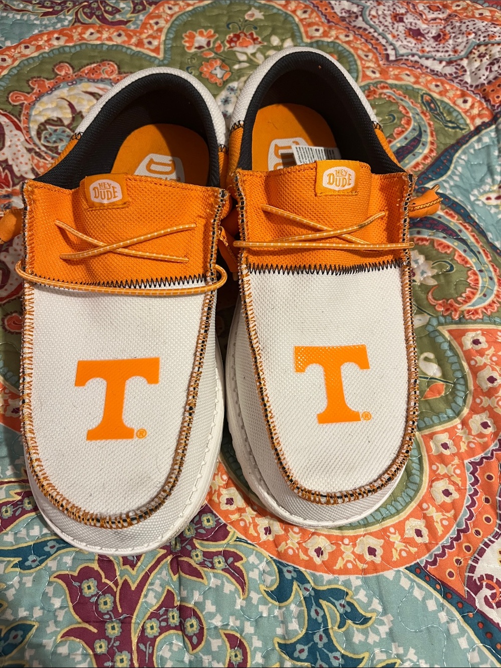 Hey Dude Men’s Canvas Slip-Ons in White & Orange with Team Logo